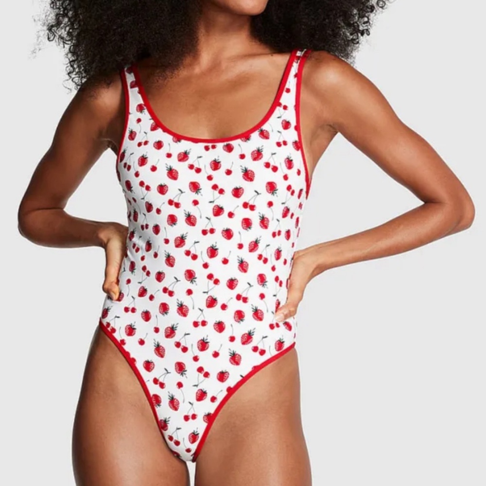 Pink by Frankie's Bikinis Marlow One-Piece Swimsuit Cherry Strawberry Large NWT